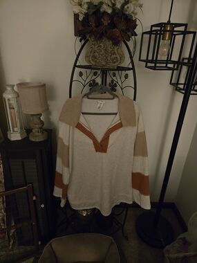 BiBi Cream and Tan Striped V-Neck Pullover